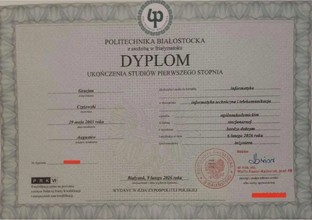 Certyfikat Dyplom ukończenia studiów pierwszego stopnia